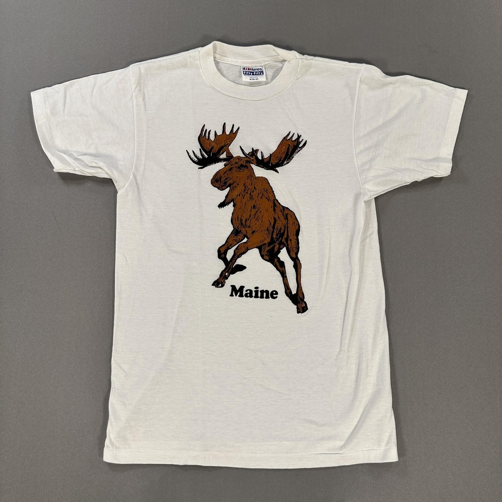 Vintage Maine Moose Shirt Mens Medium Hanes Fifty-Fifty Made USA Graphic 80s